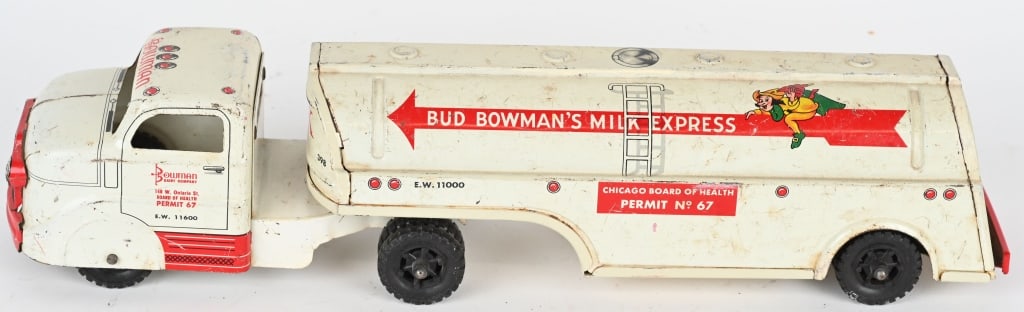 MARX PRESSED STEEL BUD BOWMAN MILK TANKER TRUCK: Marx Bud Bowman milk tanker truck. Original condition with paint touch up on left side of cab. 18" Very Good