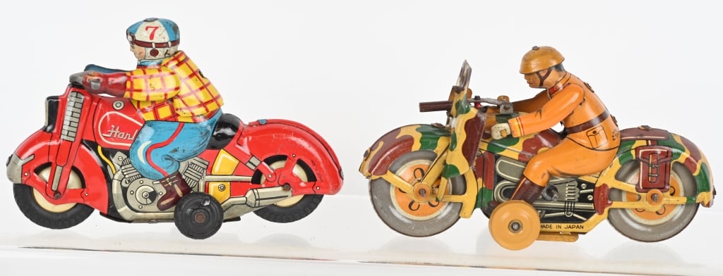 3- JAPAN TIN FRICTION MOTORCYCLES: All in original and working. Largest 5 1/2" Excellent