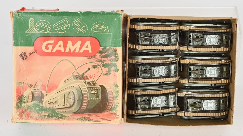 6- GAMA TIN WINDUP ROLLOVER TANKS w/ BOX (1 of 6)