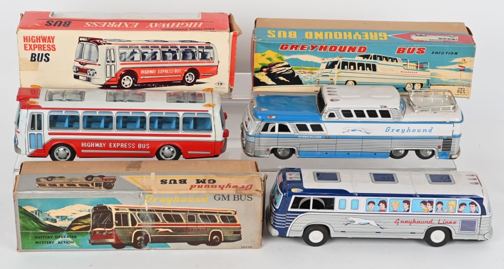 3- JAPAN TIN FRICTION BUSES w/ BOXES: All never played with in Boxes. Largest 12" Excellent