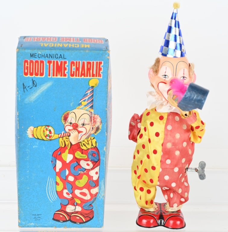 JAPAN WINDUP GOOD TIME CHARLIE CLOWN w/ BOX: Good Time Charlie Clown windup made by Alps. Complete with hat , horns and instructions. Windup works well.,10", Excellent
