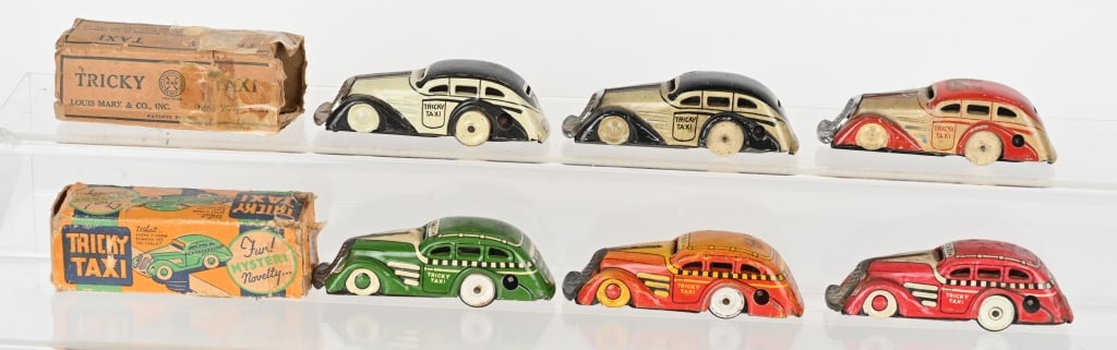 6- MARX TIN WINDUP TRICKY TAXIS, 2 w/ BOXES (1 of 3)