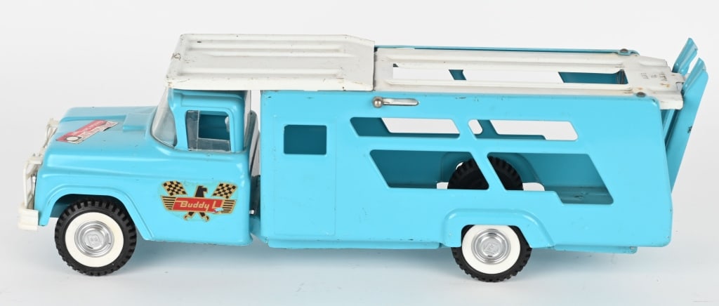 BUDDY L RACE CAR HAULER TRUCK BLUE: All original with nice paint and decals. 19" Excellent