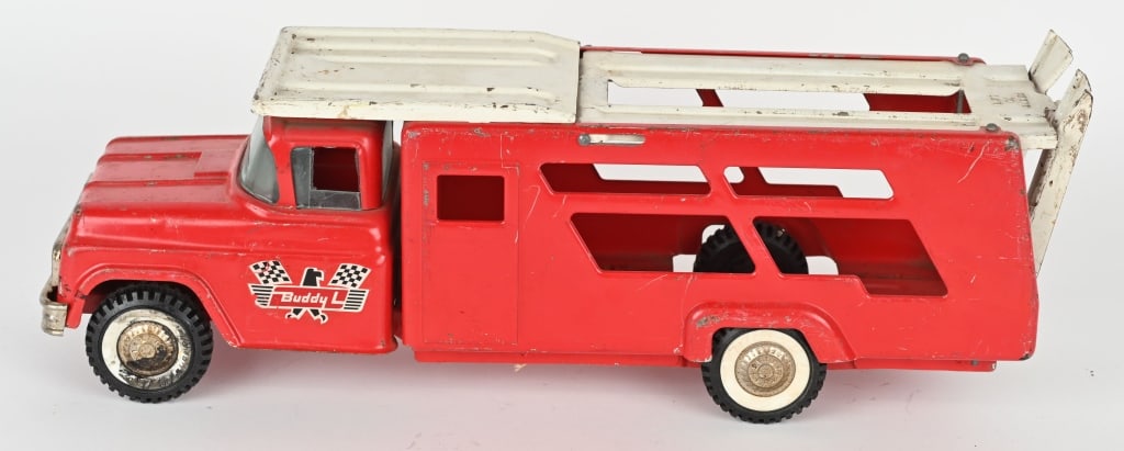 BUDDY L RACE CAR HAULER TRUCK, RED: All original paint and decals. May clean to a higher grade. 19" Very Good