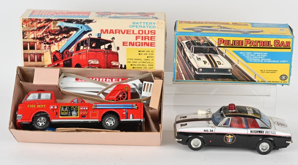 2- JAPAN TIN FIRE TRUCK, AND POLICE CAR w/ BOXES (1 of 5)