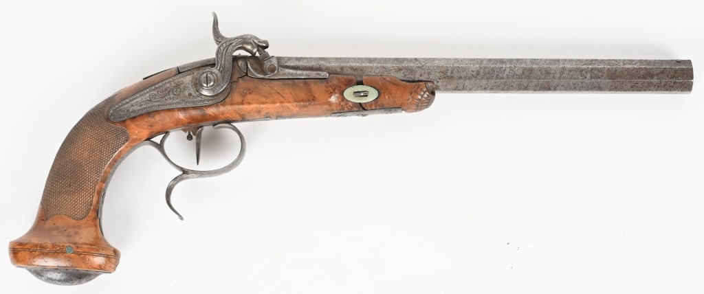 BELGIAN PERCUSSION BELT PISTOL: SERIAL NUMBER: N/A. BARREL: 10 1/2". CALIBER: .50. Percussion belt pistol, unmarked but likely of Belgian manufacture. Features octagon Damascus barrel, engraved back action lock with "fish head" hamm