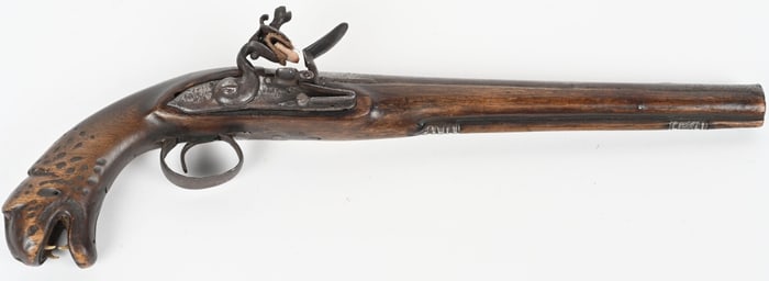 FLINTLOCK PISTOL w/ CARVED LEOPARD HEAD
