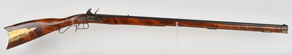 ITALIAN REPLICA FLINTLOCK FULLSTOCK RIFLE: SERIAL NUMBER:012608. BARREL: 35 1/2". CALIBER .45 . Made in Italy for Dixie Gun Works, and referred to as their "Lancaster" model. CONDITION: Metal and wood is excellent with minor handling marks. Bo