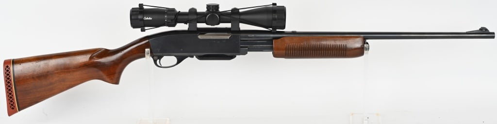 REMINGTON MODEL 760 PUMP ACTION RIFLE 30-06 SPRG.: SERIAL NUMBER: 219618. BARREL: 22 ". CALIBER: 30-06 SPRG. MANUFACTURED: 1951-1967. Metal is blued finished steel with blade style front sight. Rear sight has been removed and a plug installed. Cabelas