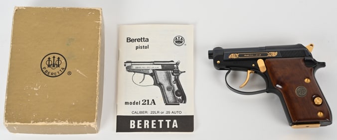 BERETTA 21A. 22LR PISTOL DELUXE MODEL W/GOLD INLAY