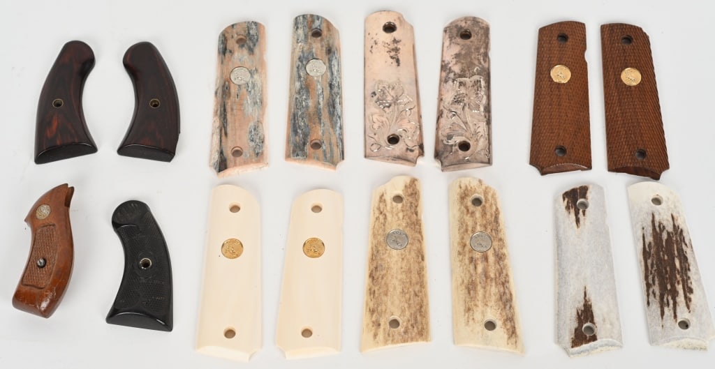 LOT OF PISTOL AND REVOLVER GRIPS: Lot of different Pistol and Revolver grips. 6- Sets of 1911 grips. 2-Ivory, 2- Stag 1-wood, 1- silver plate. 3 sets revolver grips.