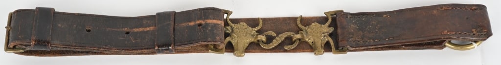EARLY TEXAS COWBOY STEER AND SNAKE BELT & BUCKLE: Early Cowboy belt and buckle. The buckle is a double Steer Head with a double head Snake connector. The leather belt certainly dates to the 1800's and I am sure the buckle does also. This ri