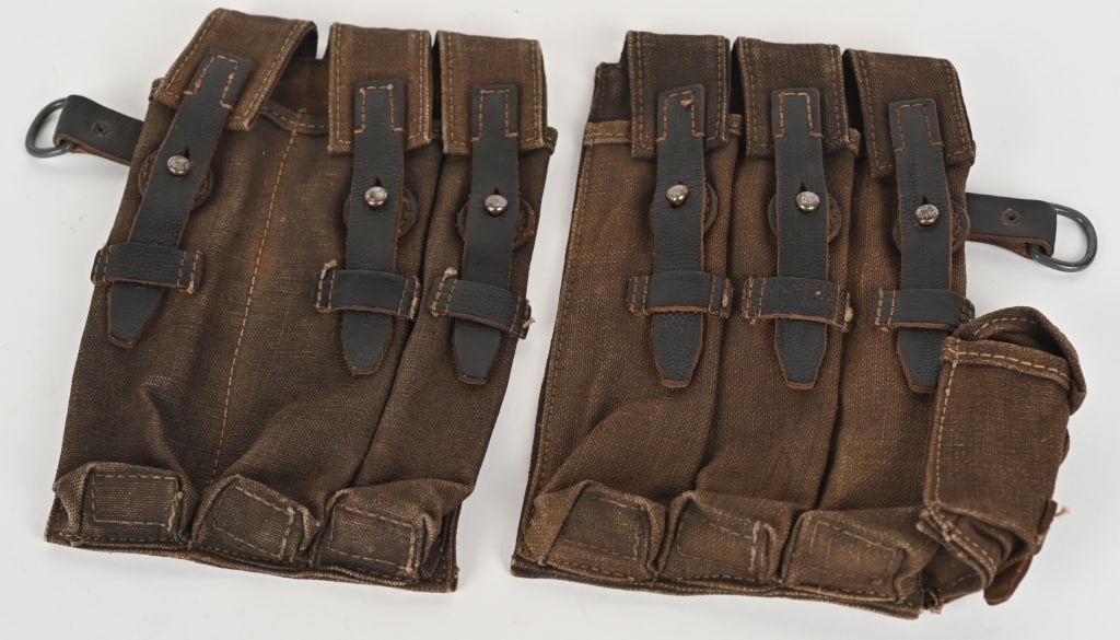 WWII NAZI GERMAN MP40 AMMO POUCH SET WW2: Mid war production feldgrau canvas production left and right side MP38/40 ammo pouches with leather, steel and alloy fittings. All leather straps are excellent. Reverse is marked MP.38 u. 40 RBNr.0/11