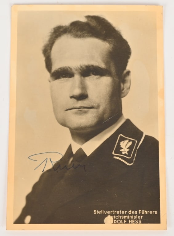 WWII NAZI GERMAN SIGNED PHOTO MINISTER RUDOLF HESS: Hand signed photo of Reichsminister Rudolf Hess. This photo is hand signed by Hess in ink. Excellent. Rudolf Walter Richard Hess ( 26 April 1894 – 17 August 1987) was a German politic