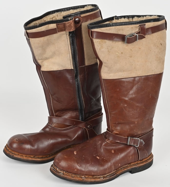 WWII NAZI GERMAN LUFTWAFFE FLIGHT BOOTS WW2: Nice quality, multi-panel construction, Pst 4004E flight boots with upper, brushed leather, (suede) with sme damage, calf sections and smooth, brown leather foot sections, are roughly, 16", tall from 