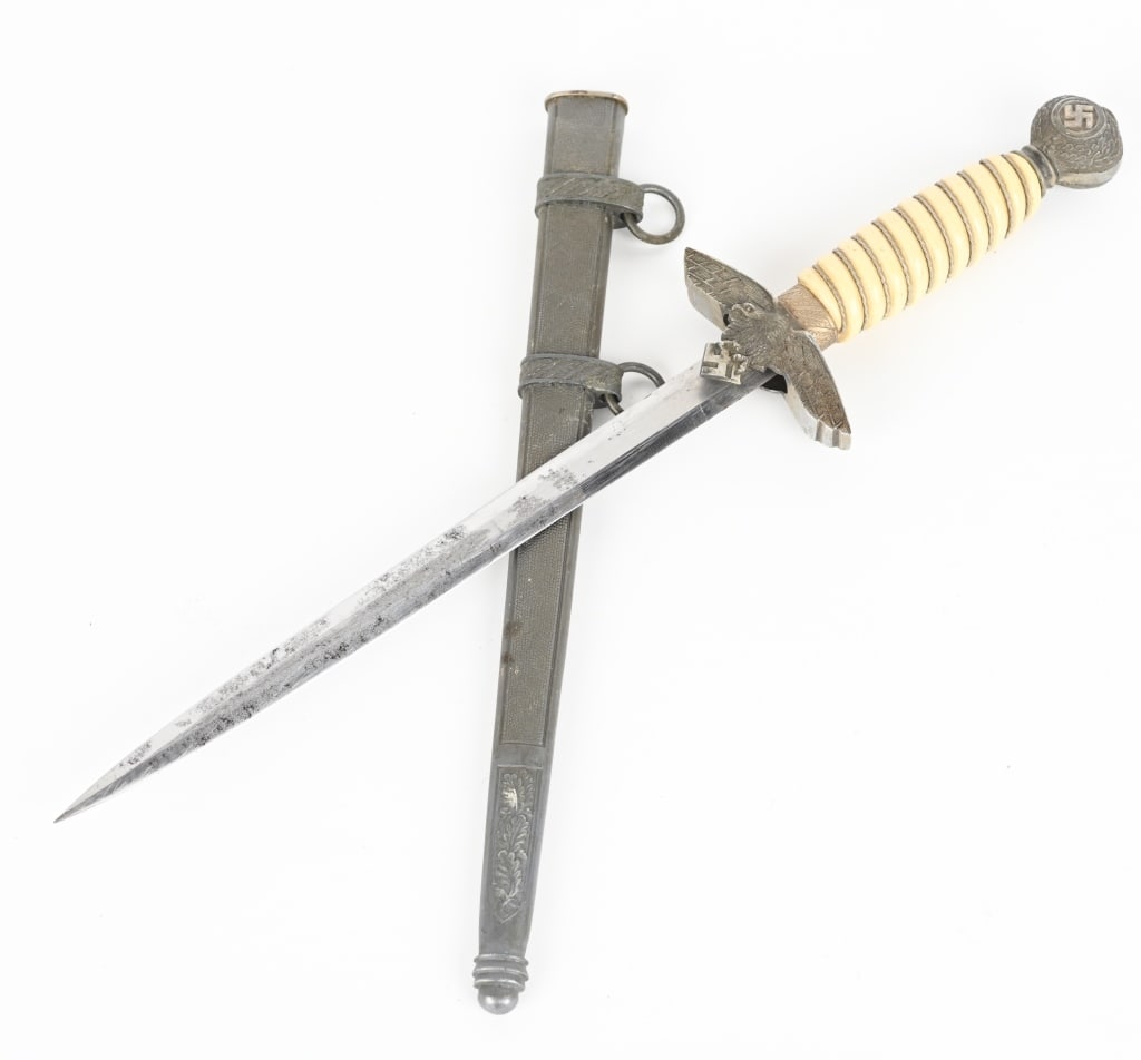 WWII NAZI GERMAN LUFTWAFFE DAGGER F.W. HOLLER: Roughly 29cm long, bright, nickel/silver plated, double edged, drop forged steel, stiletto style blade with a flat central plane with some graying and minor sharpening. Maker marked to "F.W. Holler".
