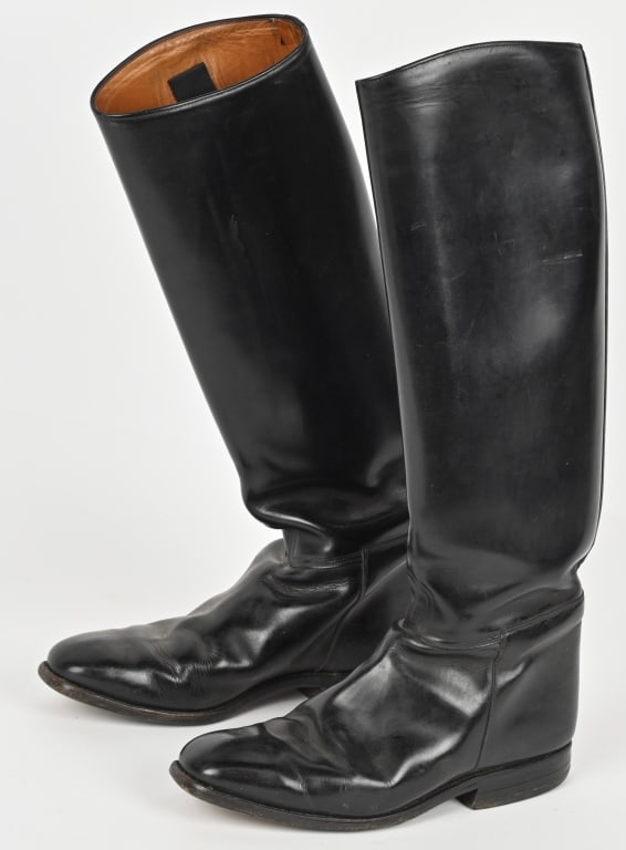 WWII NAZI GERMAN WEHRMACHT OFFICER'S JACK BOOTS: Nice quality, tall, blackened leather construction boots are roughly 34cm tall from the top of the heel to the top of the back calf section. The boots have a machine stitched, central, vertical, seam