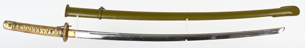 JAPANESE SHIN GUNTO TYPE 98, CONTEMPORARY: Well made contemporary copy of a model 98 NCO Shin Gunto katana. Has serial number on blade and saya. Missing one tsuka screw. 27" cutting edge. Excellent