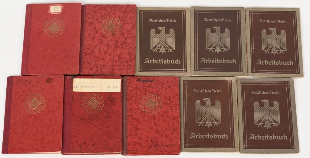 WWII NAZI GERMAN EPHEMERA LOT DAF ARBEITSBUCH WW2: WWII Nazi German Ephemera lot to include 1) 5 DAF MEMBERSHIP BOOKS. The 10.5cm x 15cm, 32 page membership books have red patterned covers, to the front of which is stamped, in gold, the DAF emble