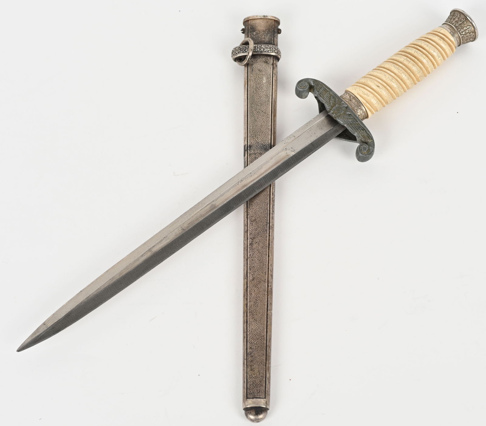 WWII NAZI GERMAN ARMY OFFICER PARTS DAGGER WW2: The dagger features a roughly, 26cm long drop forged steel construction nickel/silver plated stiletto style blade with a flat central ridge. Blade shows typical scabbard runner marks. The original bro