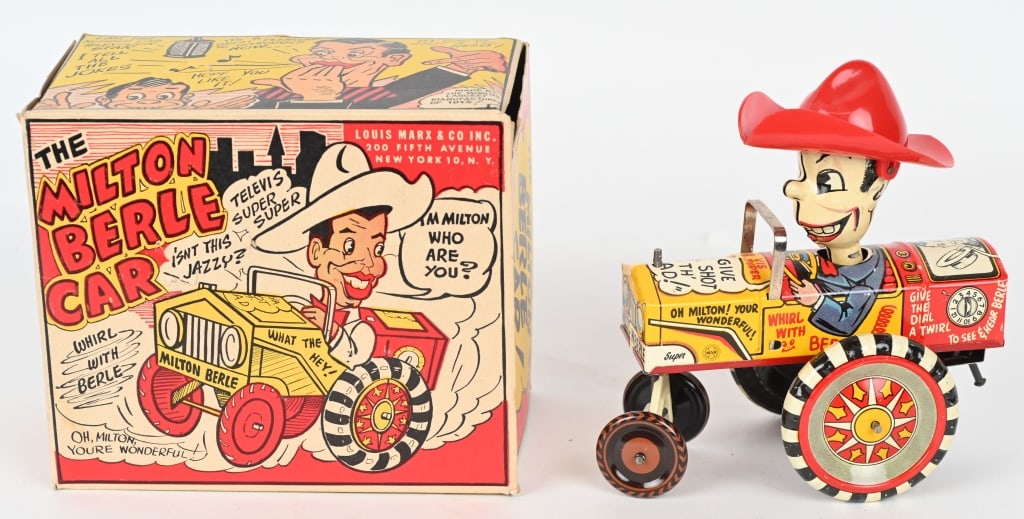 MARX TIN WINDUP MILTON BEREL CAR w/ BOX: All original and looks never played with condition. Colors are nice and bright. Windup works. Comes with crisp Box. 7" Excellent