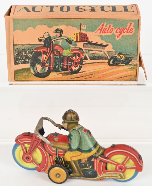 OOCUPIED JAPAN TIN FRICTION AUTO CYCLE MOTORCYCLE: Made in Occupied Japan. All original and in great condition. Friction works. Boxed 5" Excellent