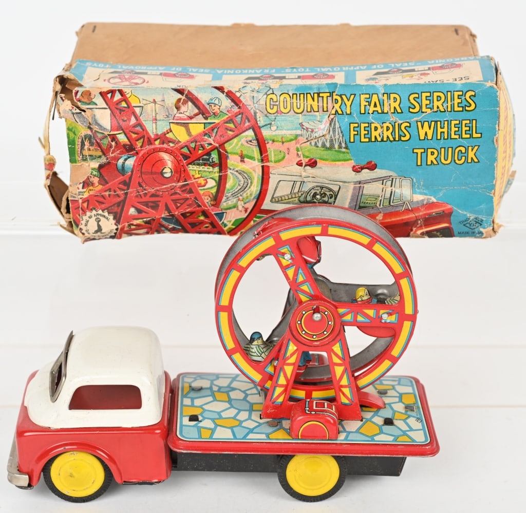 JAPAN TIN FRICTION FERRIS WHEEL TRUCK w/ BOX: All original with great colors and design. Friction works and Ferris Wheels spins. Boxed 7" Excellent