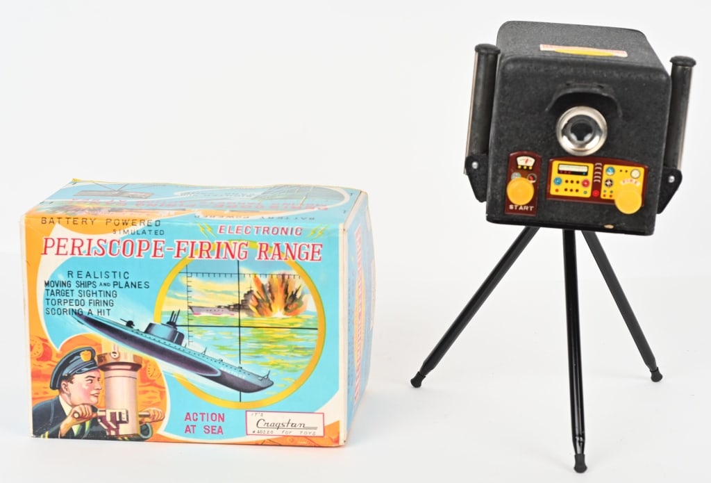 JAPAN BATTERY OP PERISCOPE FIRING RANGE w/ BOX: All original unique toy where you fire torpedoes from a Submarine. All original in great shape. Worked when tested. Boxed 9" Excellent