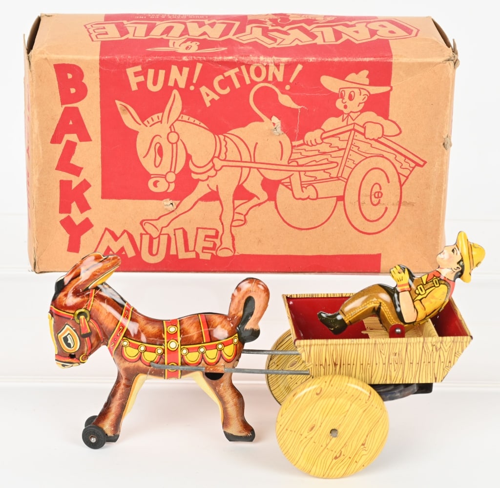 MARX TIN WINDUP BALKY MULE w/ BOX: All original and very clean. Windup works. Includes original box. 8 1/2" Excellent