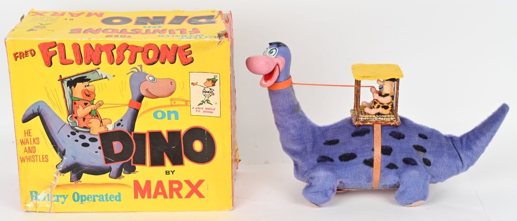 MARX BATTERY OP FRED FLINTSTONE ON DINO w/ BOX: Marx battery operated Fred Flintstone on Dino. Beautiful toy that has nice details and bright colors. Clean battery box. Worked properly when tested. Colorful original box has wear but displays well. 
