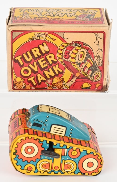 MARX TIN WINDUP TURN OVER TANK w/ BOX: Complete and original with bright colors and gloss. Windup works. Includes nice original box. 4", Excellent
