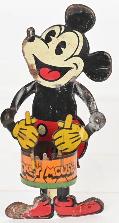 NIFTY MICKEY MOUSE JAZZ DRUMMER: Great early Mickey Mouse toy. All original. Missing drum head and has some normal wear. Scarce early Disney toy. 6 1/2" Very Good