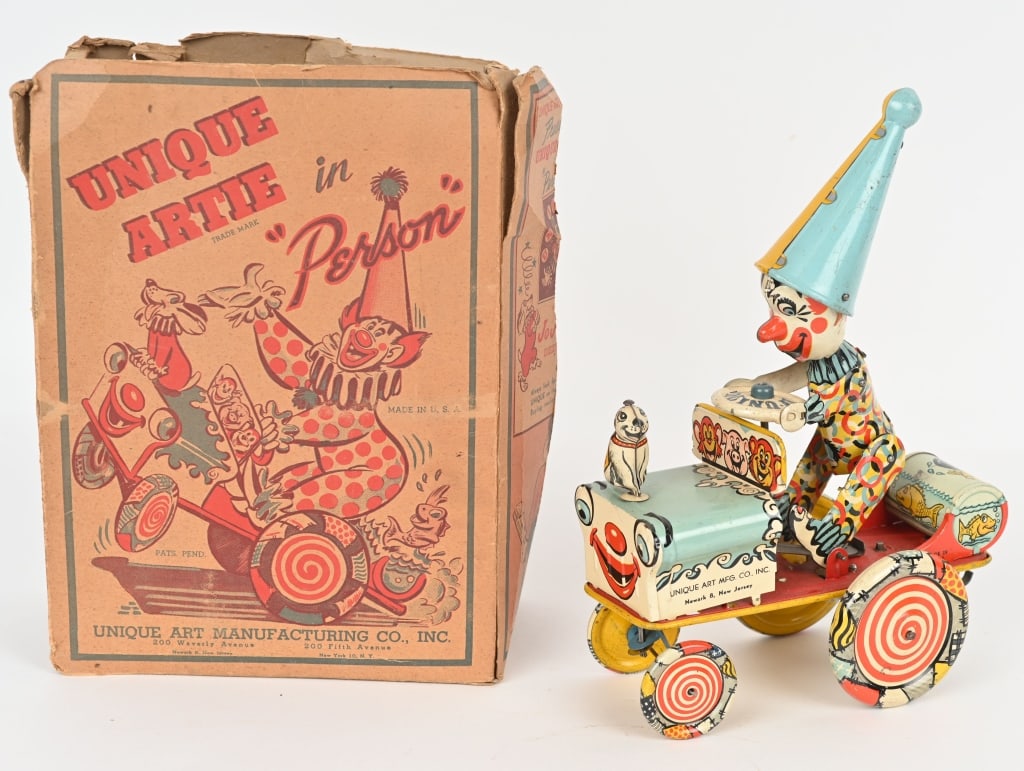 UNIQUE ART ARTIE THE CLOWN CRAZY CAR w/ BOX: All original with great colors., Windup works. Comes with Box. 9 1/2" Excellent