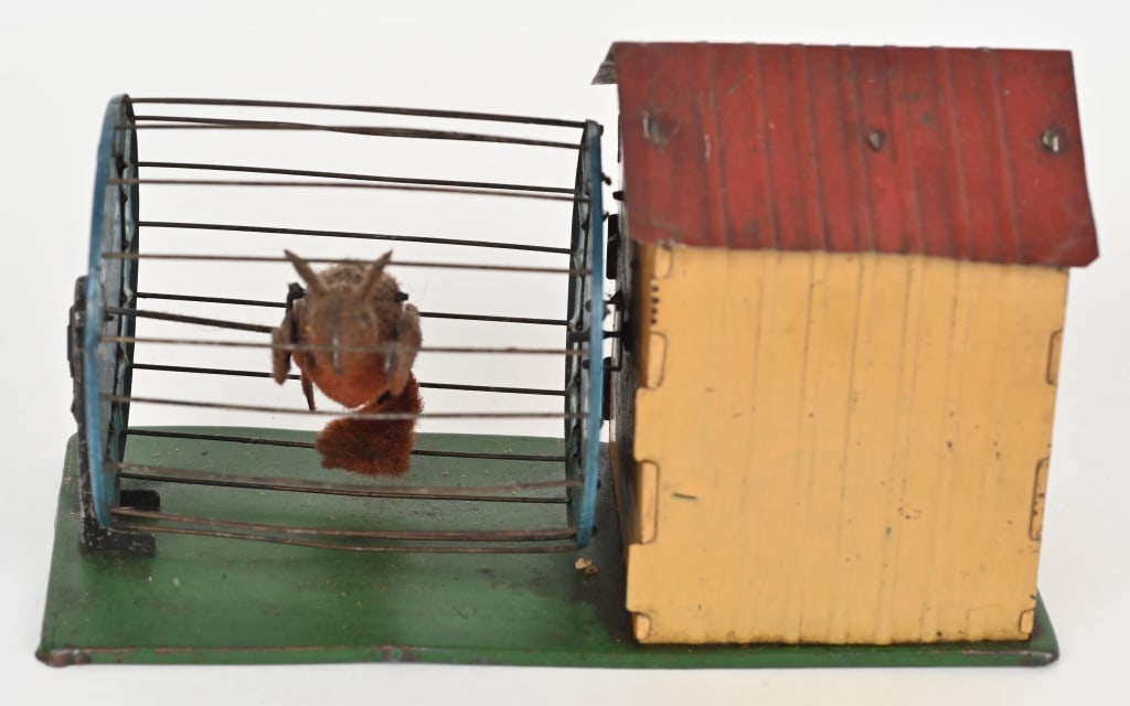 MARTIN TIN WINDUP SQUIRREL IN CAGE: All original and complete. Windup not working. 8" Excellent