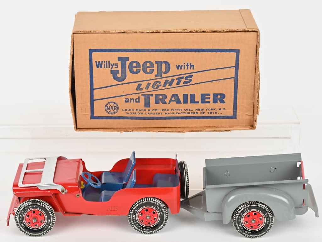 MARX WILLYS JEEP w/ LIGHTS & TRAILER BOXED: New Old Stock. Boxed 12" Excellent