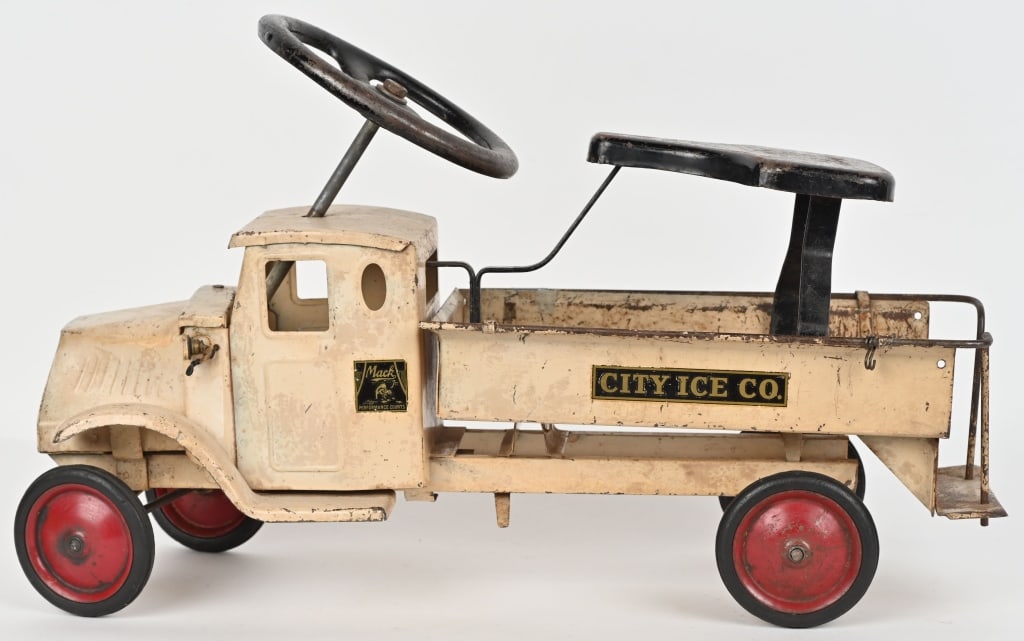 STEELCRAFT RIDE-ON CITY ICE TRUCK w/ LIGHTS: Original truck with decent paint and nice decals. Still has seat and steering wheel. Truck has electric headlight. Rail on back of bed loose on 1 side. A hard to toy find. 27" Very Good
