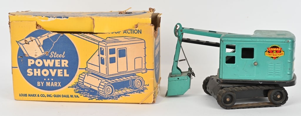 MARX PRESSED STEEL POWER SHOVEL: All original with some wear. Boxed 15" Very Good-Excellent