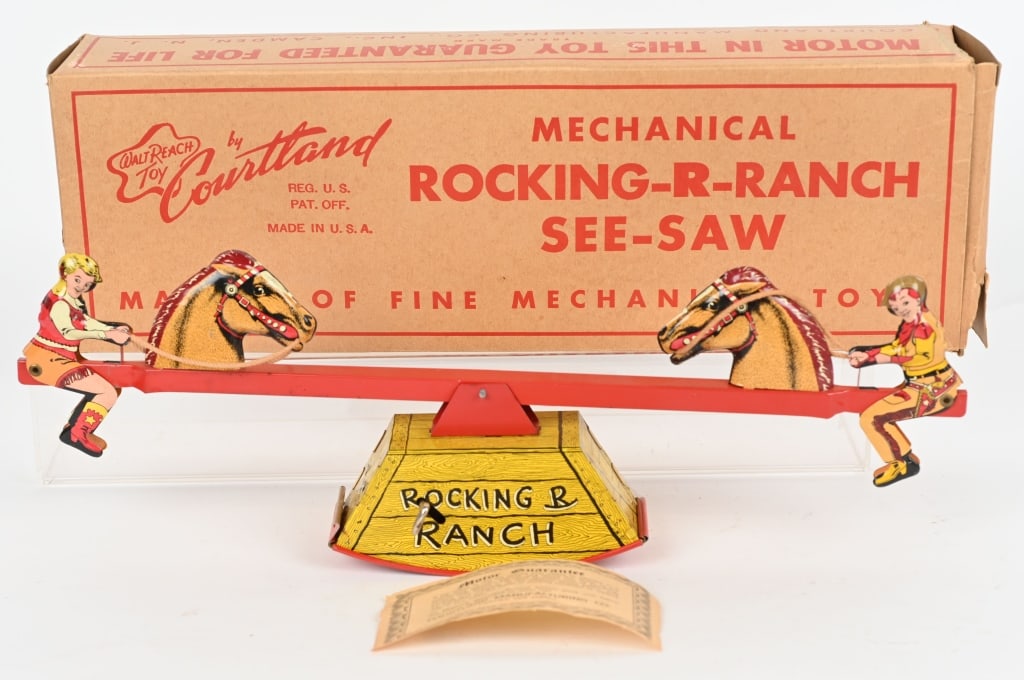 COURTLAND WINDUP ROCKING R RANCH SEE SAW w/ BOX: All original and looks never played with. Works. Boxed 18" Excellent