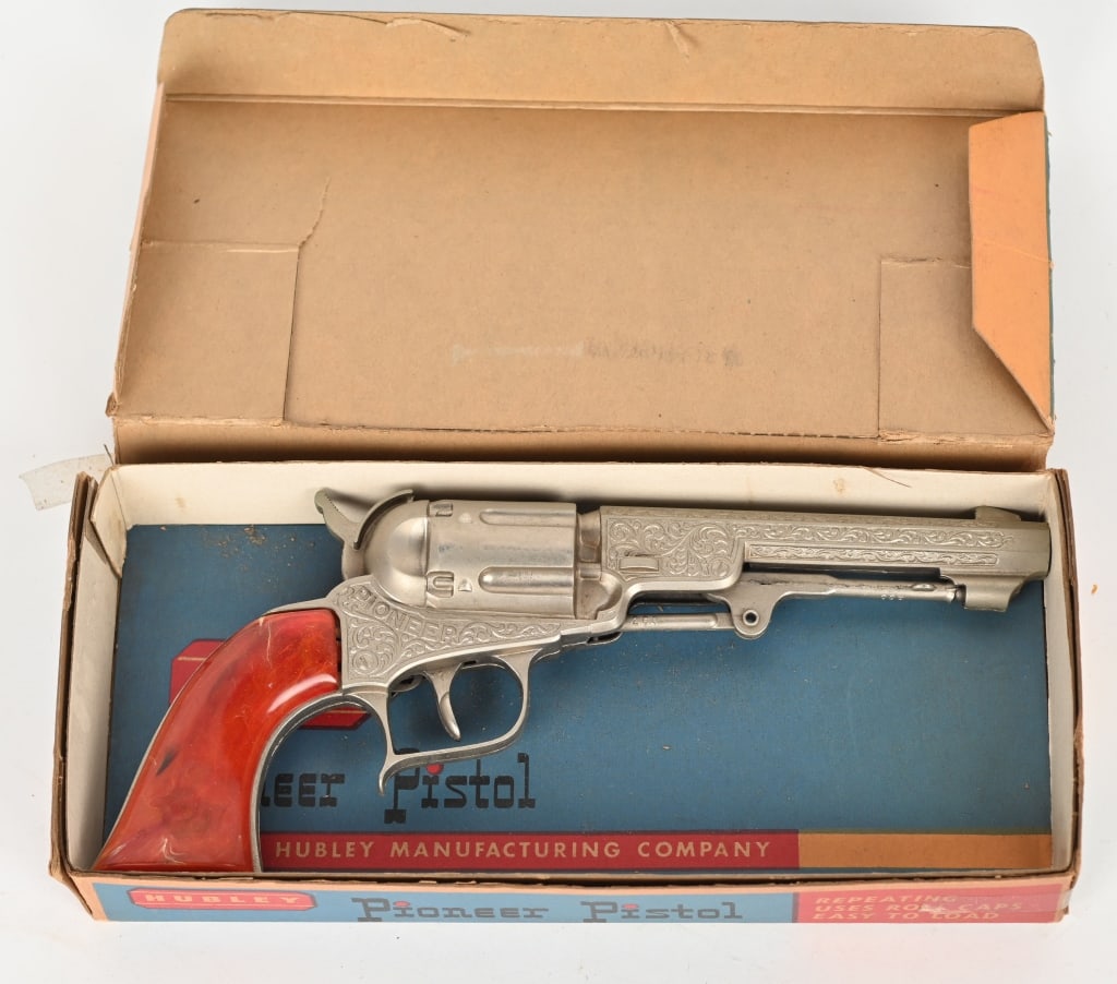 HUBLEY PIONEER PISTOL w/ BOX: All original and never played with. Works. Boxed 10" Excellent