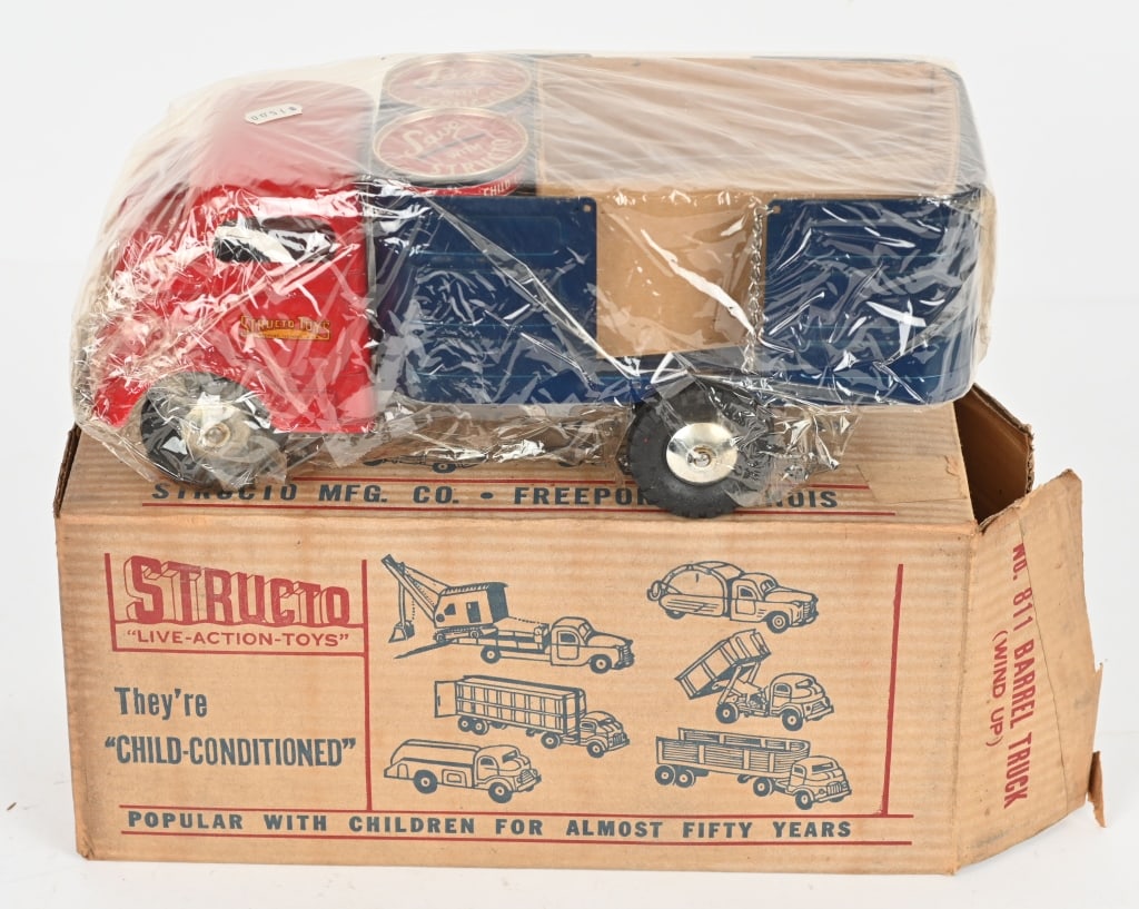 STRUCTO WINDUP BARREL TRUCK w/ BOX: All original never played with. Comes with load. Works. Boxed 13" Excellent