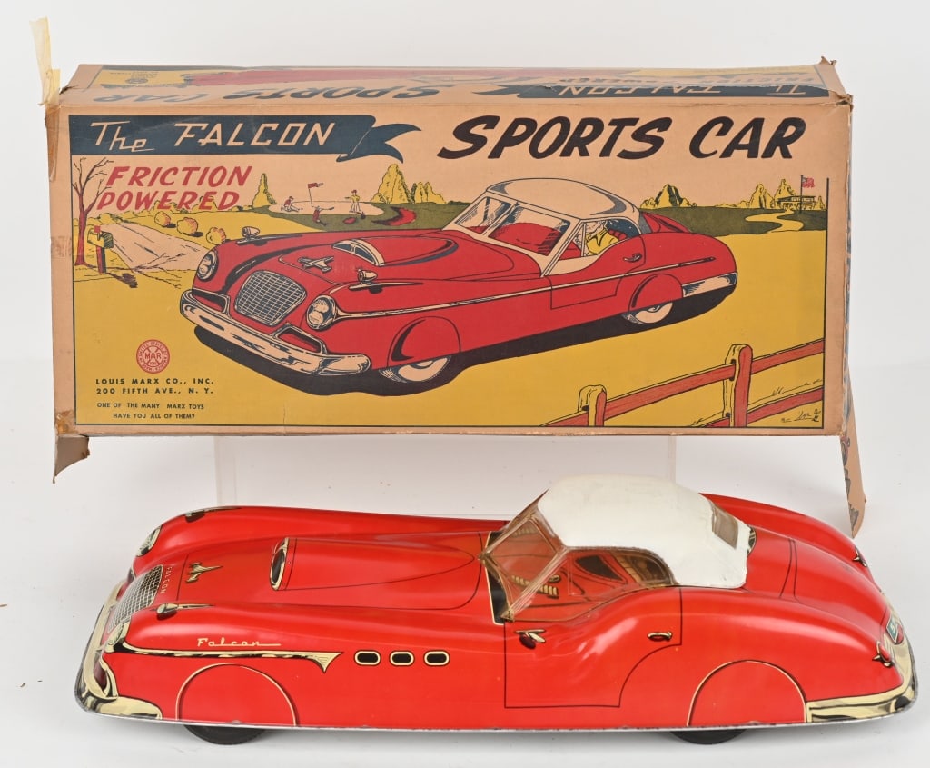MARX TIN FRICTION FALCON SPORTS CAR w/ BOX: All original and never played with. Friction works. Boxed 20" Excellent