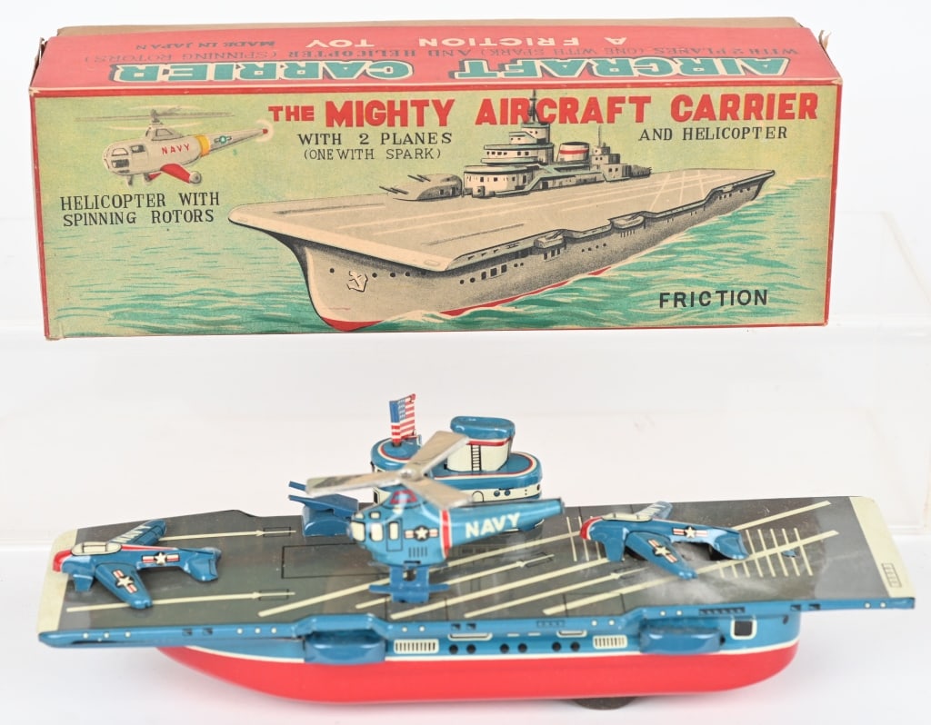 JAPAN TIN FRICTION MIGHTY AIRCRAFT CARRIER w/ BOX: All original never played with condition. Boxed 10" Excellent