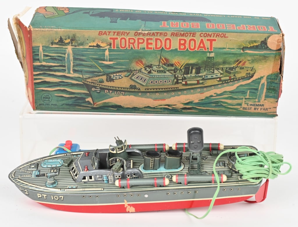 JAPAN BATTERY OP TORPEDO BOAT w/ BOX: All original never played with condition. Did not work when tested. Boxed 11 1/2" Excellent