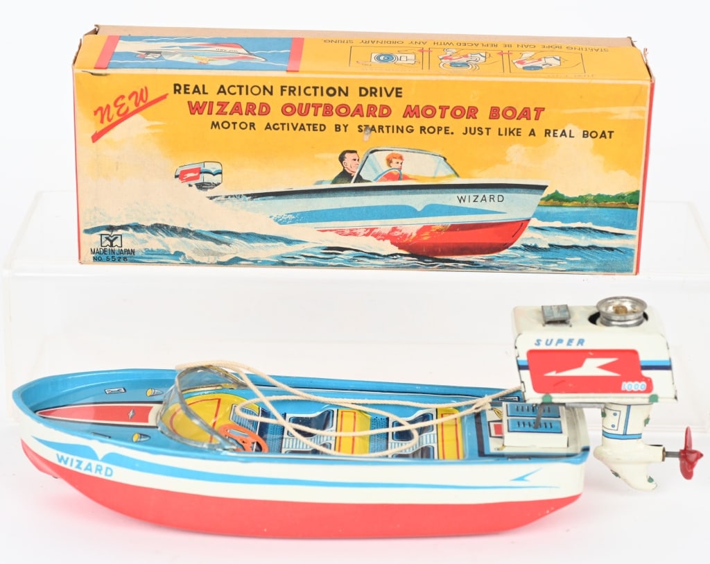 JAPAN TIN FRICTION WIZARD OUTBOARD MOTOR BOAT: All original never played with condition. Boxed 9 1/2" Excellent