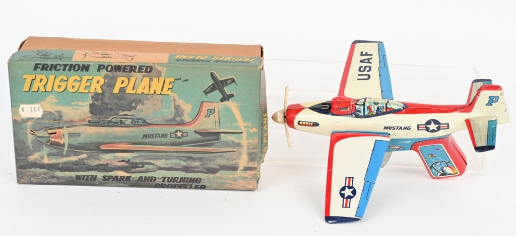 JAPAN TIN FRICTION TRIGGER PLANE w/ BOX: All original never played with condition. Boxed 9" Excellent