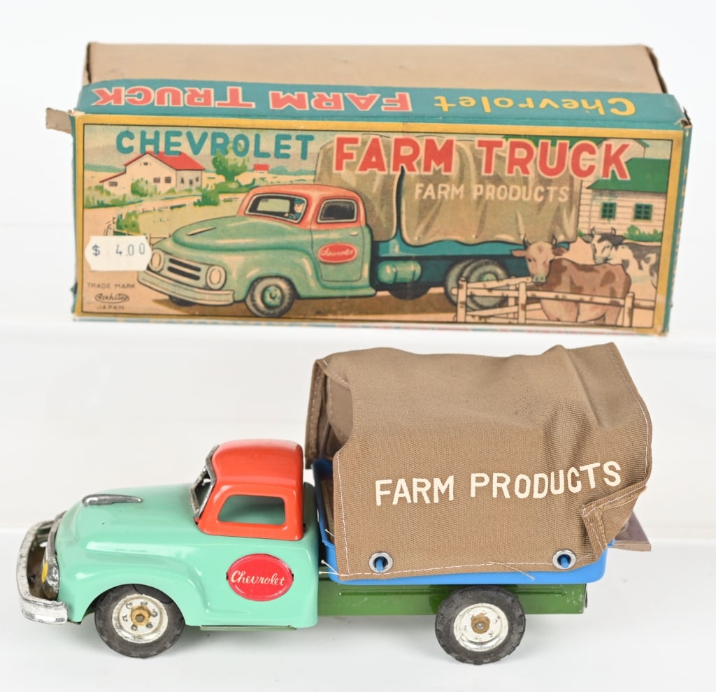 JAPAN TIN FRICTION CHEVROLET FARM TRUCK w/ BOX: All original never played with condition. Boxed 8" Excellent