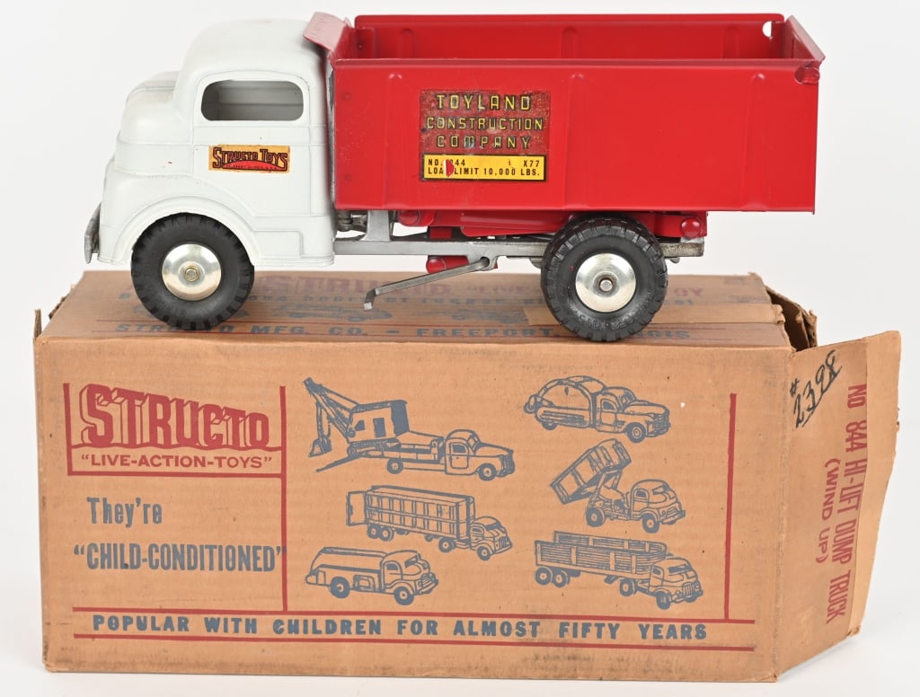 STRUCTO WINDUP HI-LIFT DUMP TRUCK w/ BOX: All original never played with condition. Boxed 13" Excellent