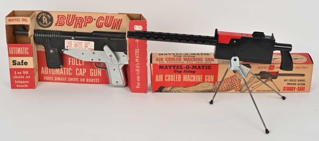 MATTEL BURP GUN & AIR COOLED MACHINE GUN MIB: Both new old stock never played with. Boxed. Largest 16" Excellent
