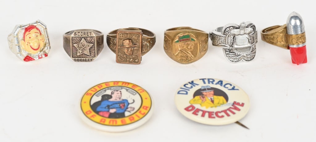 MAILAWAY PREMIUMS & RINGS LOT: Includes Superman, Lone Ranger, Dick Tracy, Howdy Doody, and More. Excellent