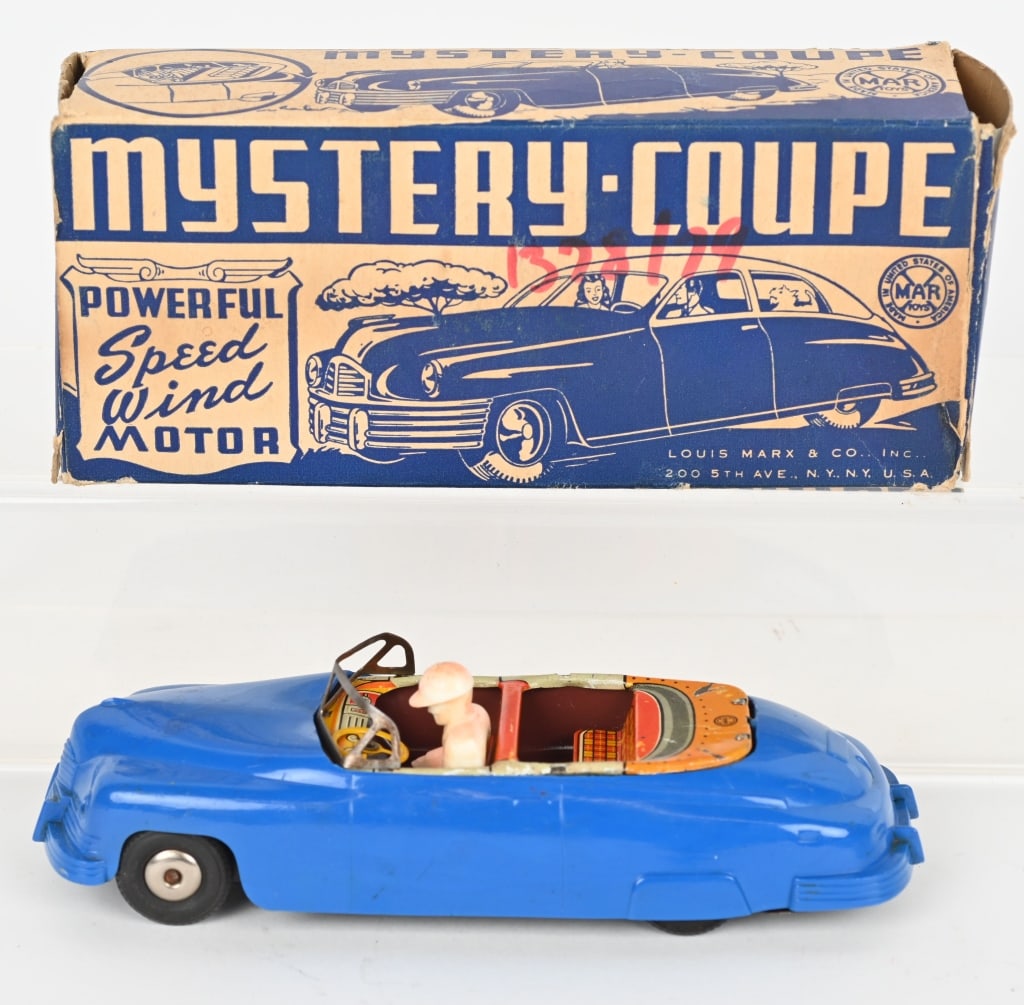 MARX WINDUP MYSTERY COUPE w/ BOX: All original but the back tab is broken. Windup works. Boxed 8" Excellent